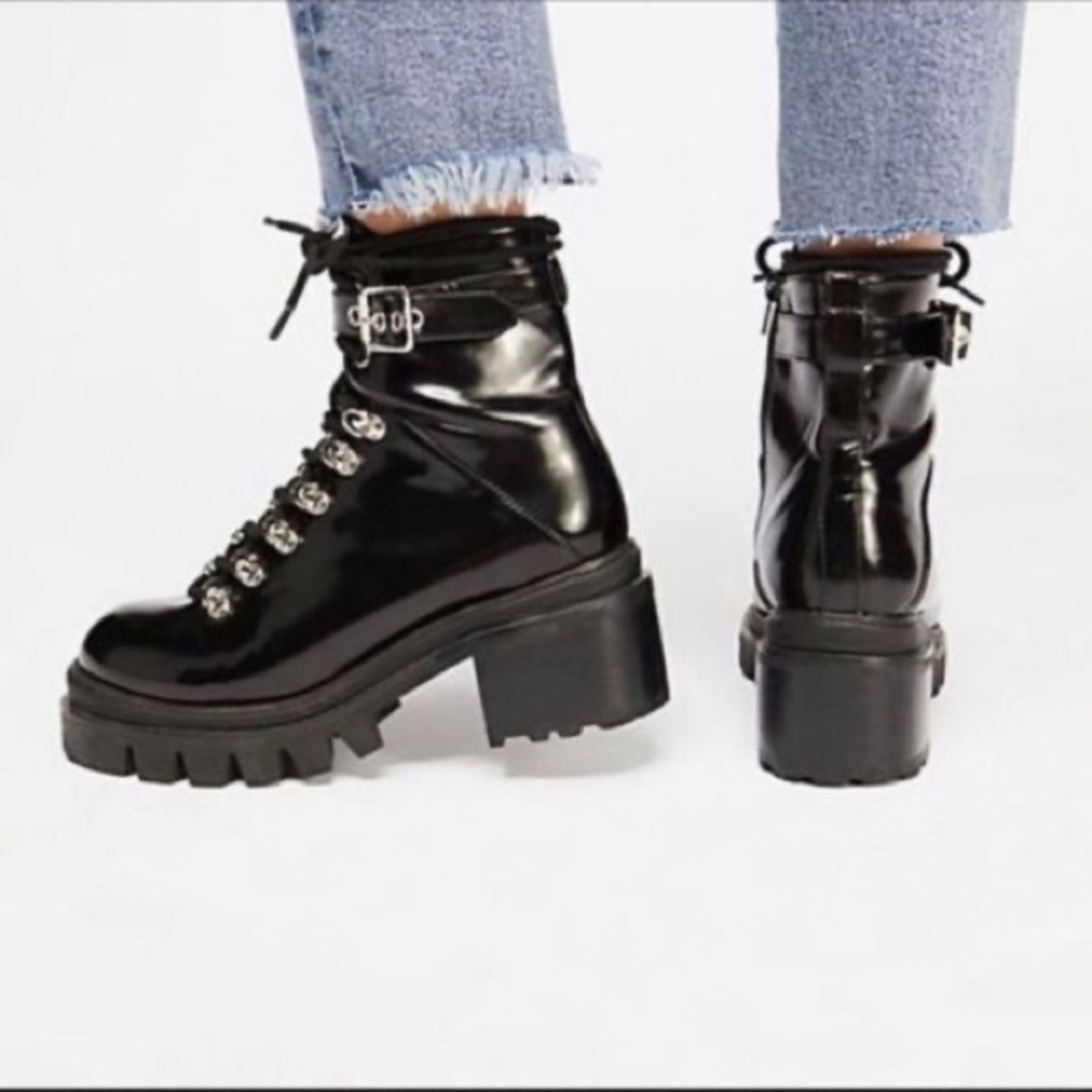 Jeffrey Campbell Czech Chunky Platform Combat Moto Boots, Patent Black, Size 8